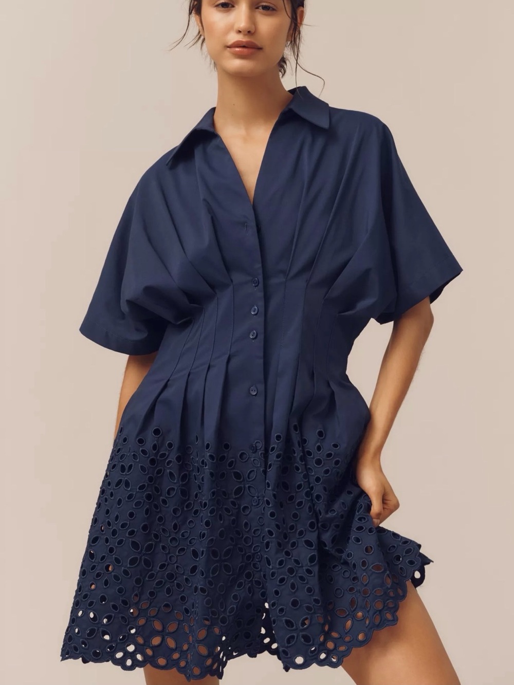 Exquise Anthropologie The Tobie Eyelet Pleated Mini Shirt Dress Navy Blue M